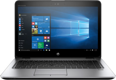  Front view of an opened Elitebook 840 G3, with screen showing Windows 10 home screen and start menu  